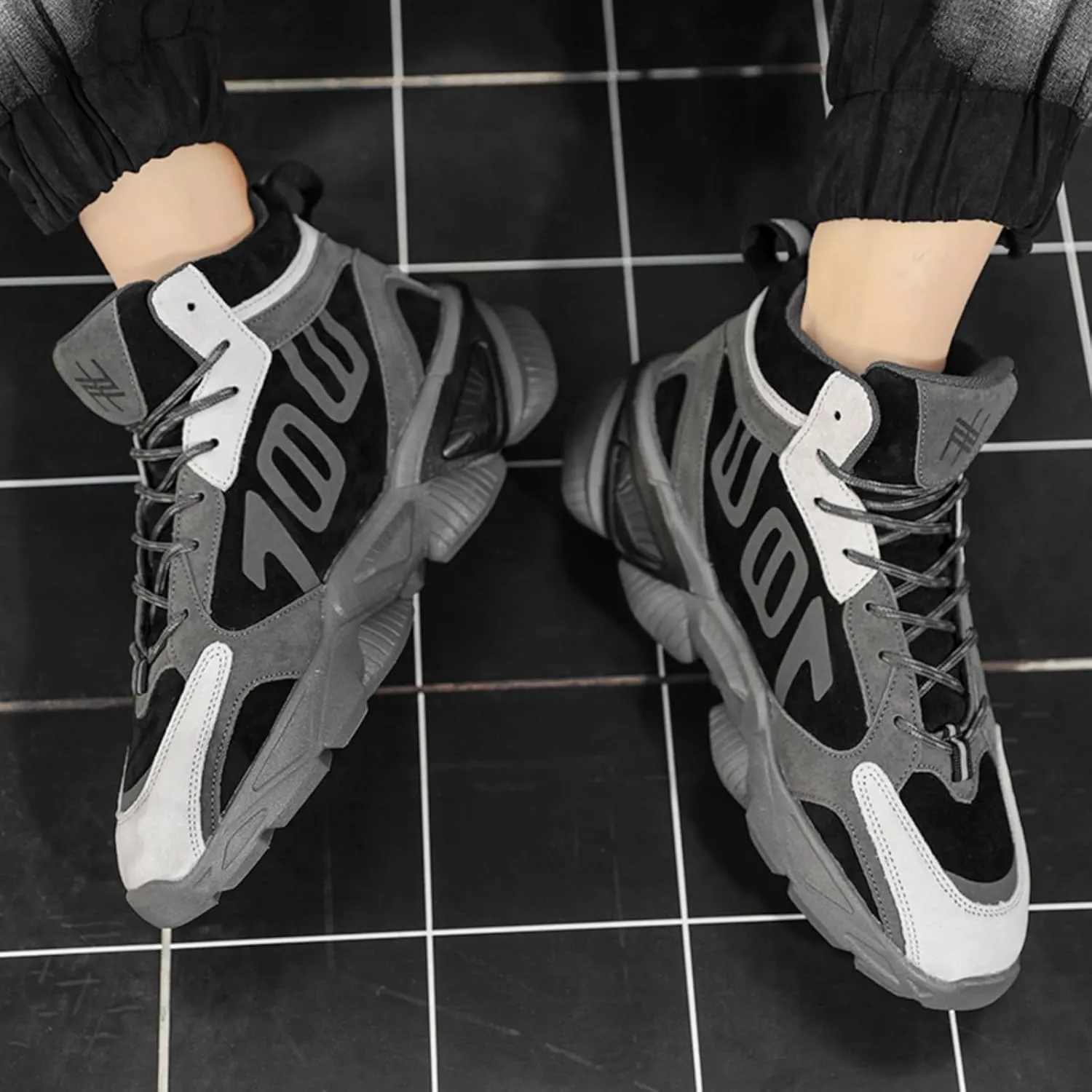 Mens Fashion Lace-Up Platform Sneakers Mid-Top Non Slip Round Toe Casual Chunky Shoes for Gym Sports Tennis Jogging Running Walking