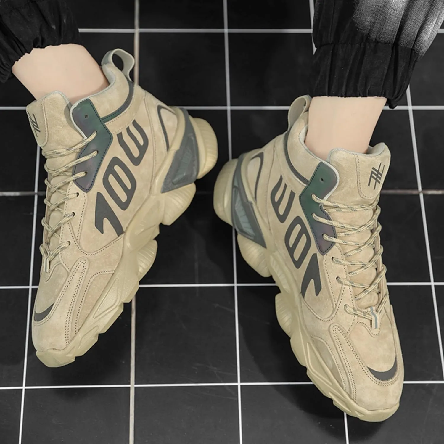Mens Fashion Lace-Up Platform Sneakers Mid-Top Non Slip Round Toe Casual Chunky Shoes for Gym Sports Tennis Jogging Running Walking