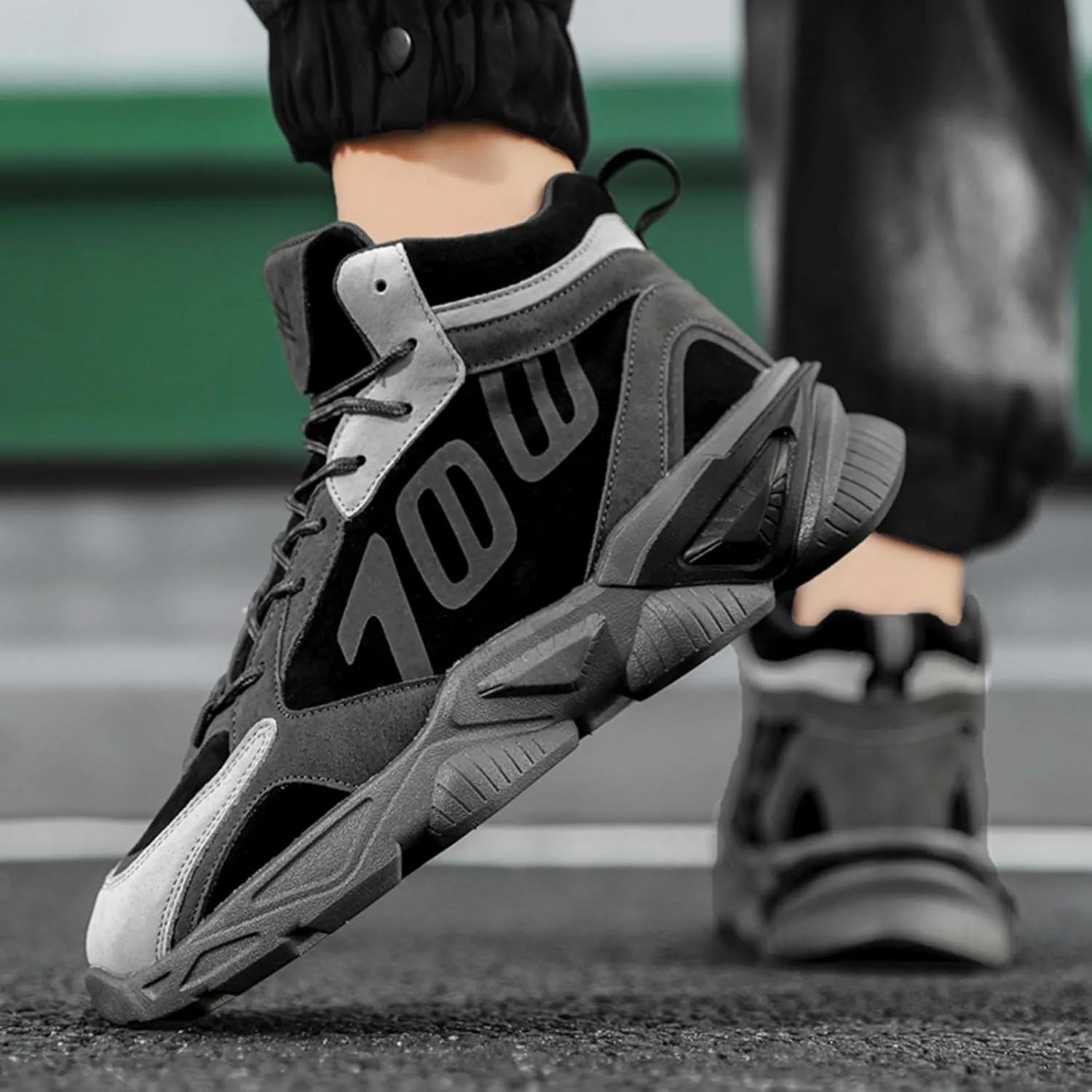 Mens Fashion Lace-Up Platform Sneakers Mid-Top Non Slip Round Toe Casual Chunky Shoes for Gym Sports Tennis Jogging Running Walking