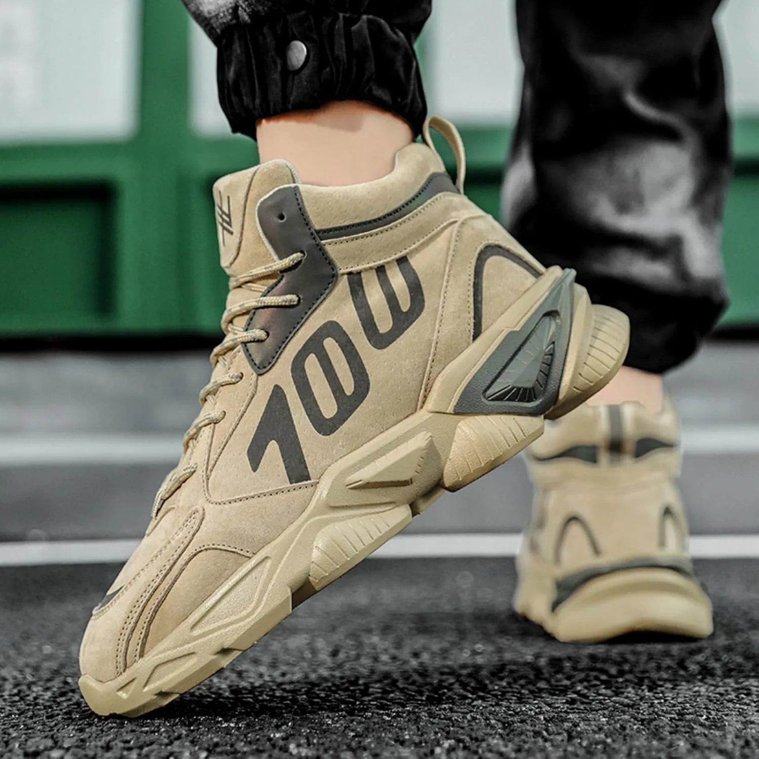 Mens Fashion Lace-Up Platform Sneakers Mid-Top Non Slip Round Toe Casual Chunky Shoes for Gym Sports Tennis Jogging Running Walking