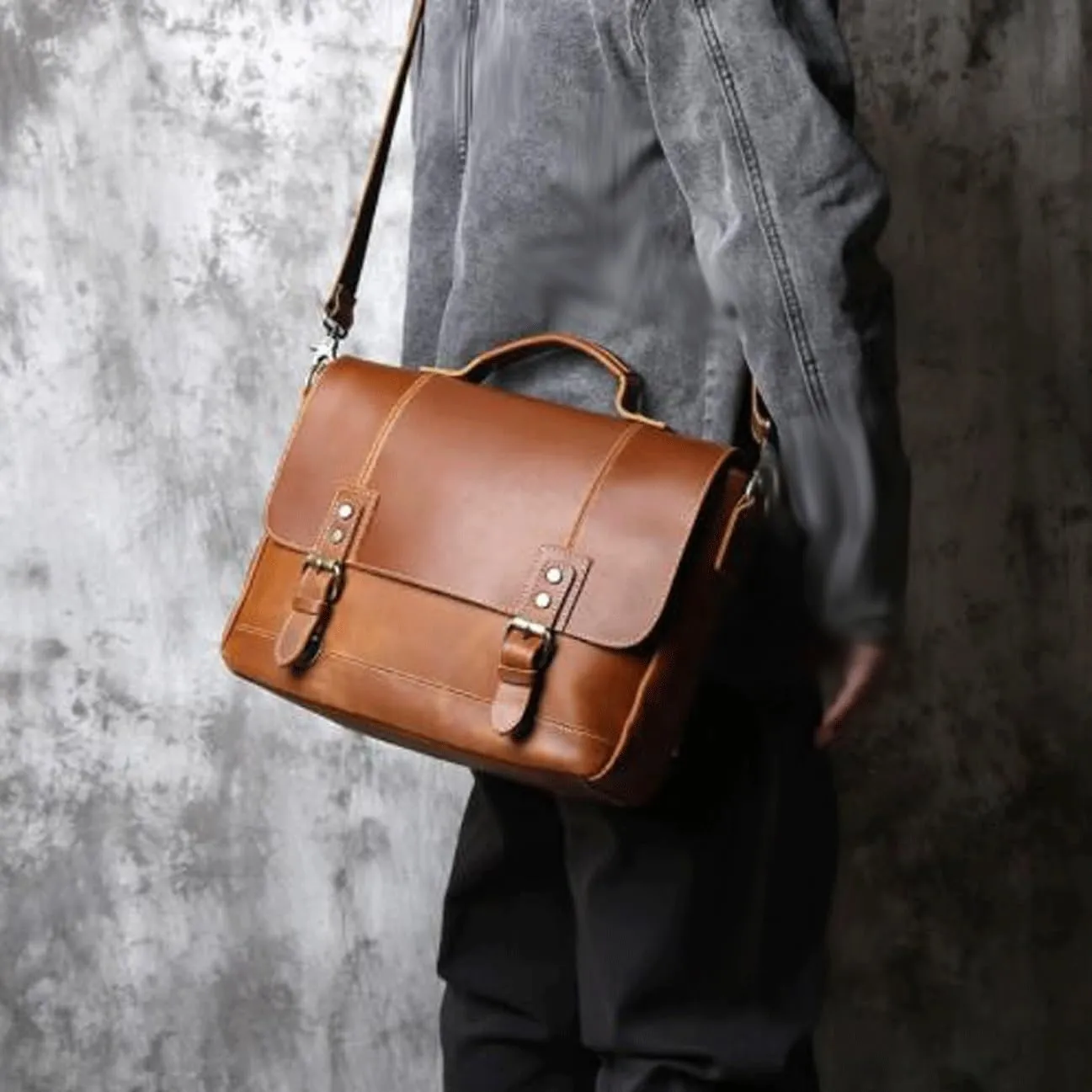 Mens Handbags Briefcases Messenger Shoulder Bags Genuine Leather Crossbody Bags Laptop Bags 13.8Inch