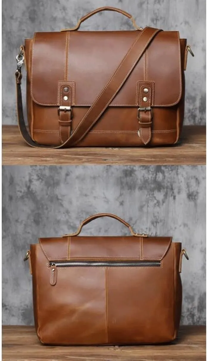 Mens Handbags Briefcases Messenger Shoulder Bags Genuine Leather Crossbody Bags Laptop Bags 13.8Inch