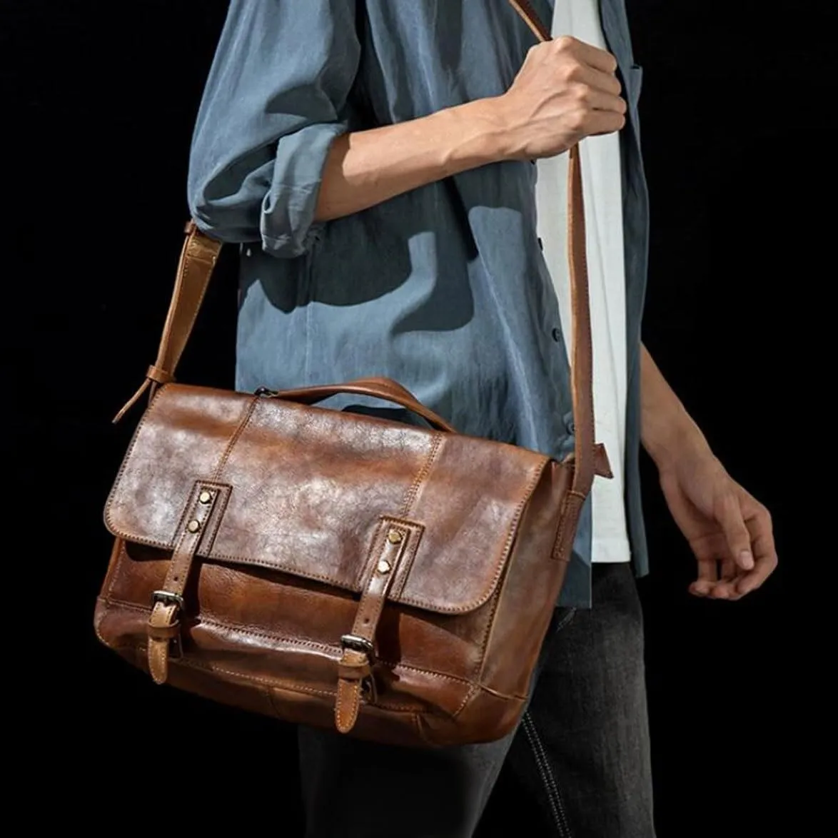 Mens Handbags Briefcases Messenger Shoulder Bags Genuine Leather Crossbody Bags Laptop Bags Travel Bags 15Inch