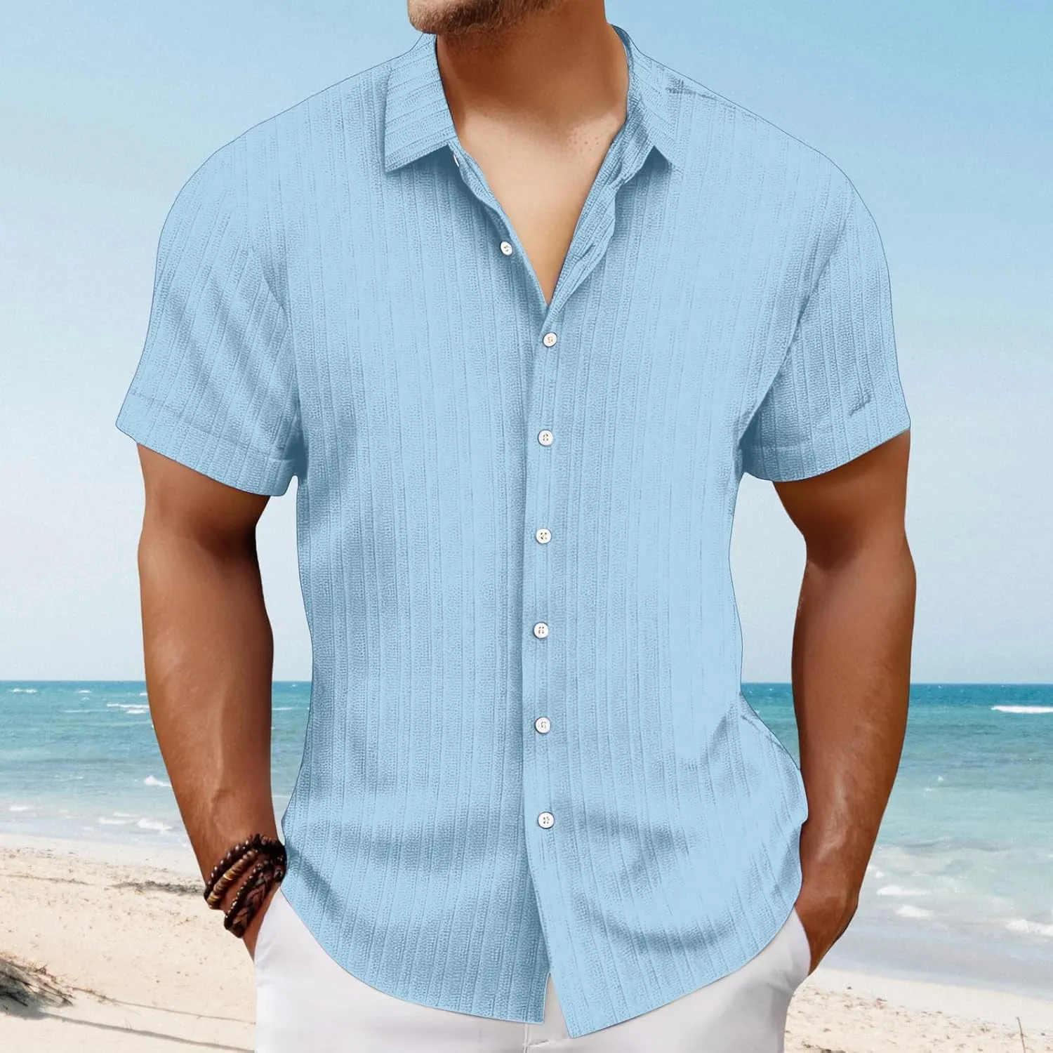 Mens Linen Button-Down Shirts Casual Loose Striped Jacquard Long Sleeve Beach Shirt