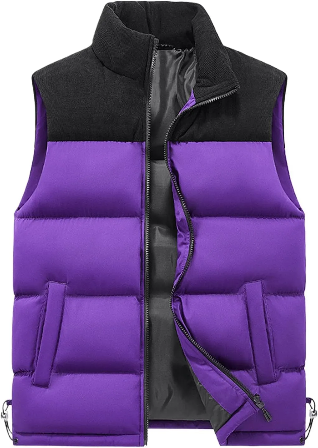 Mens Outdoor Vest Casual Full Zip Stand Collar Padded Puffer Vest Coats Lightweight Color Block Sleeveless Jacket