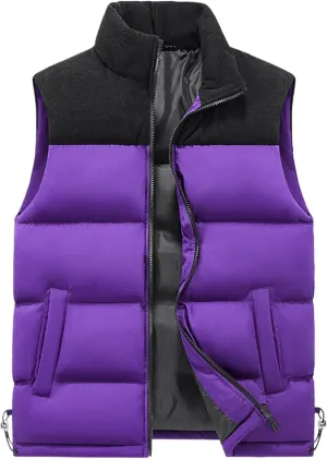 Mens Outdoor Vest Casual Full Zip Stand Collar Padded Puffer Vest Coats Lightweight Color Block Sleeveless Jacket