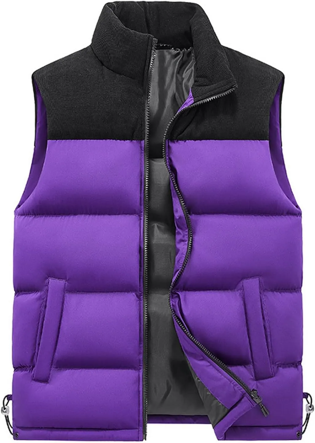 Mens Outdoor Vest Casual Full Zip Stand Collar Padded Puffer Vest Coats Lightweight Color Block Sleeveless Jacket