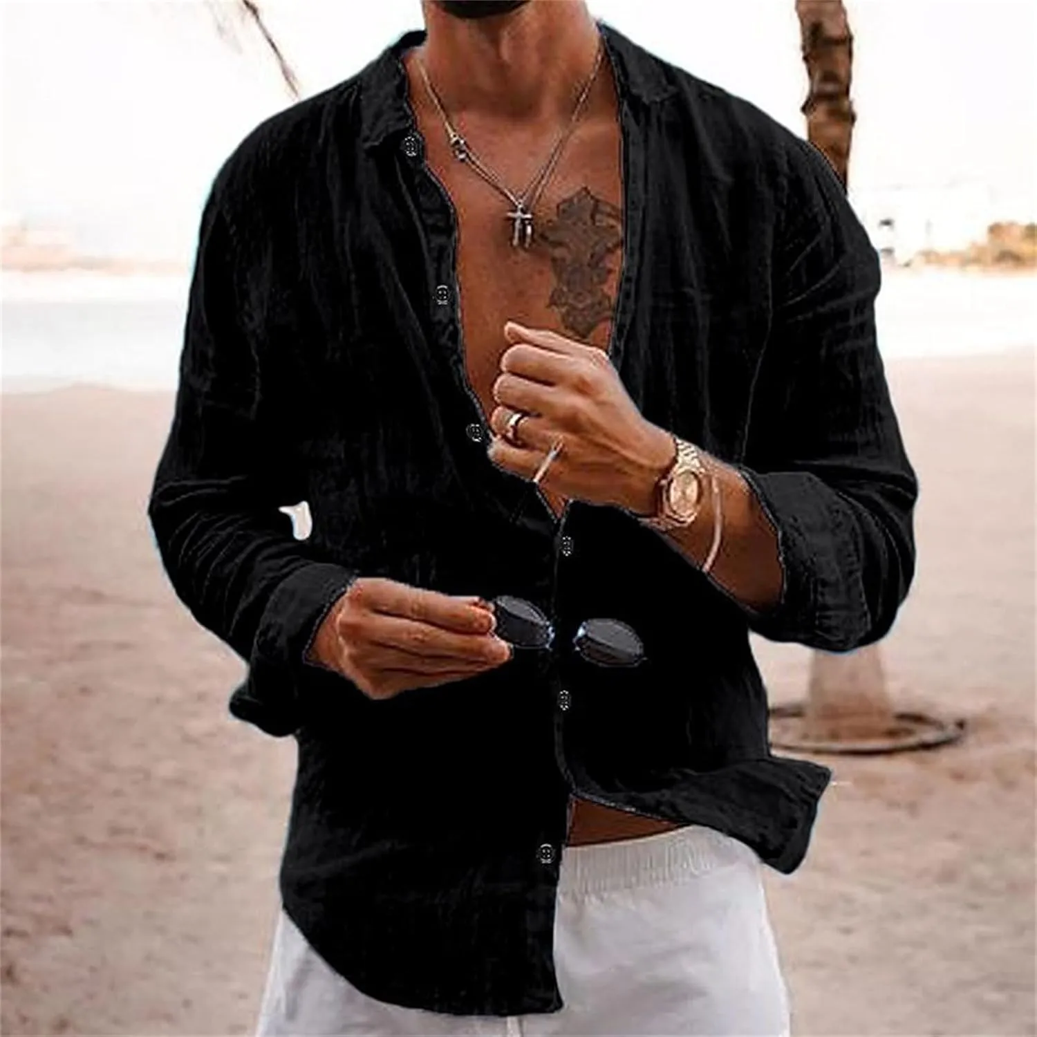 Men's Shirt Cotton Linen Long Sleeve Shirt Solid Color Loose Single-Breasted Lapel T-Shirt