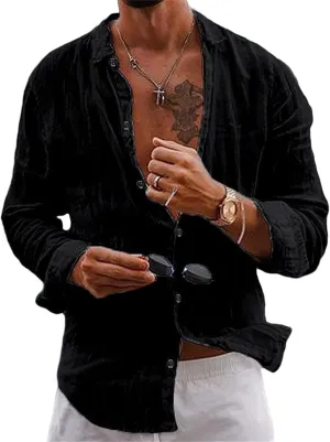 Men's Shirt Cotton Linen Long Sleeve Shirt Solid Color Loose Single-Breasted Lapel T-Shirt