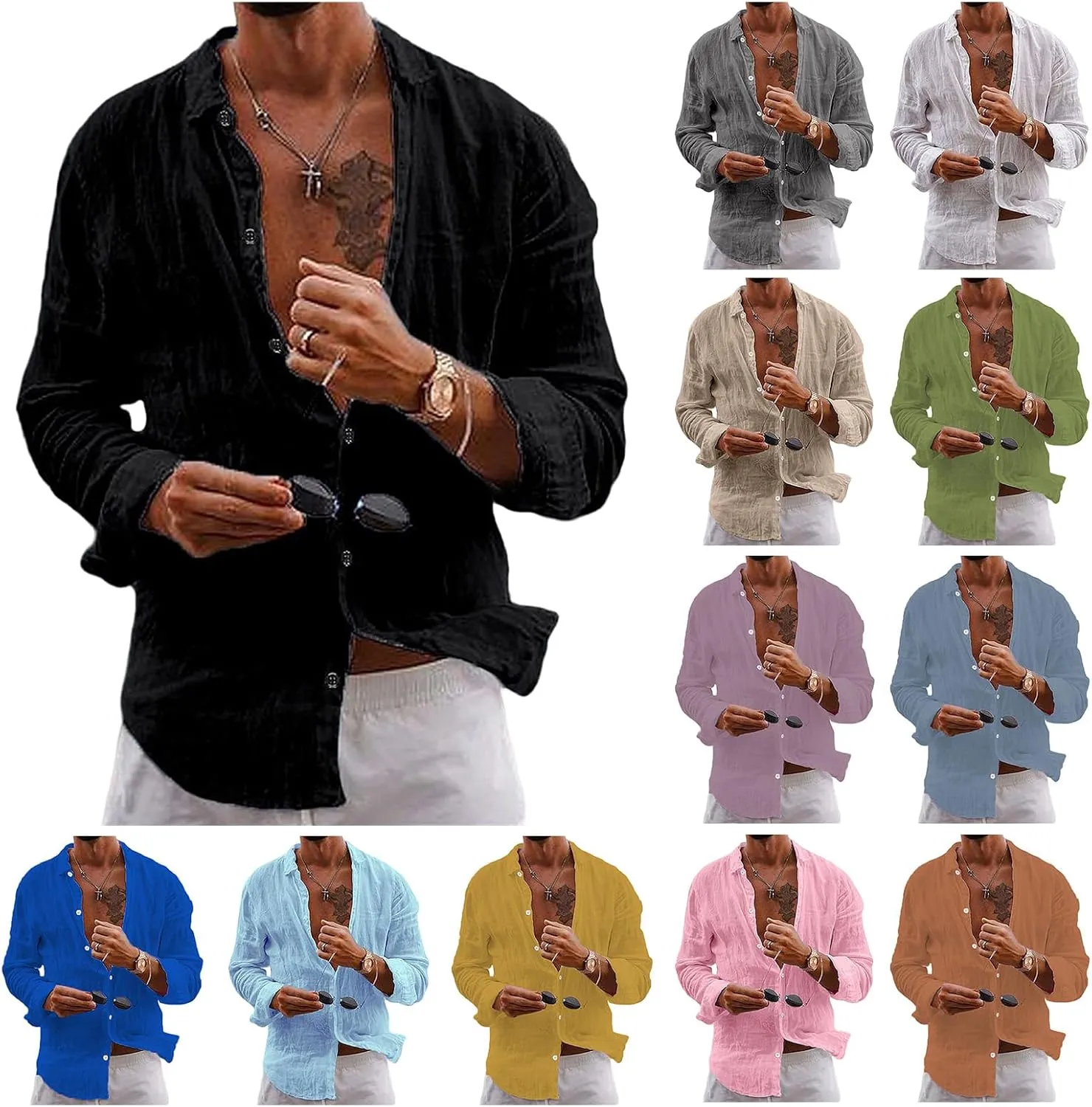 Men's Shirt Cotton Linen Long Sleeve Shirt Solid Color Loose Single-Breasted Lapel T-Shirt