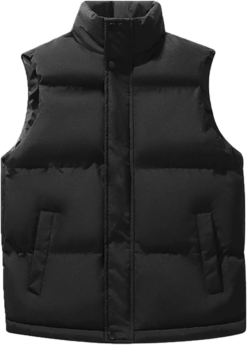 Mens Thicken Puffer Vest Coats Button Full Zip Stand Collar Solid Gilet Jacket Outdoor Mountain Warm Vests Outwear