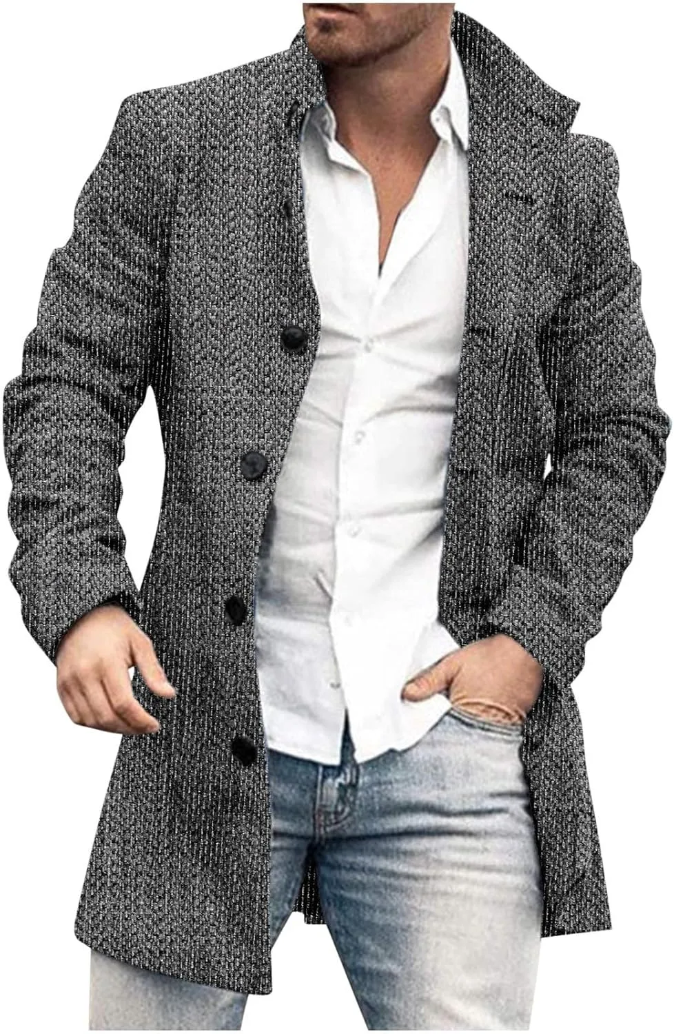 Mens Trench Coat Classic Printed Pea Coat Winter Long Single Breasted Classic Stylish Business Cardigan Overcoat