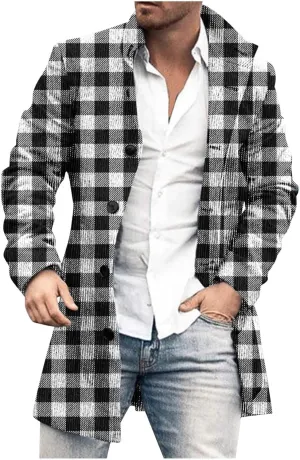 Mens Trench Coat Slim Fit Stand Collar Winter Single Breasted Pea Coats vintage Classic Plaid Warm Soft Overcoat