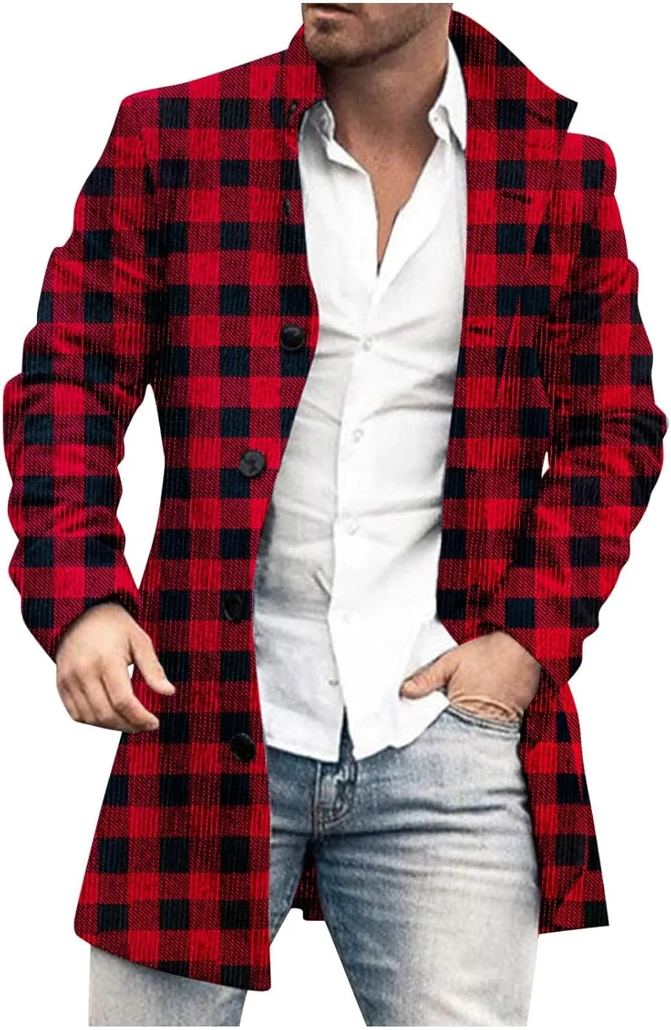 Mens Trench Coat Slim Fit Stand Collar Winter Single Breasted Pea Coats vintage Classic Plaid Warm Soft Overcoat