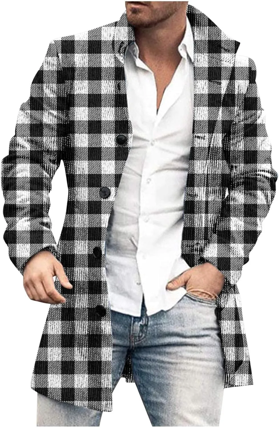 Mens Trench Coat Slim Fit Stand Collar Winter Single Breasted Pea Coats vintage Classic Plaid Warm Soft Overcoat