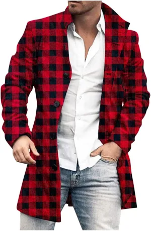 Mens Trench Coat Slim Fit Stand Collar Winter Single Breasted Pea Coats vintage Classic Plaid Warm Soft Overcoat