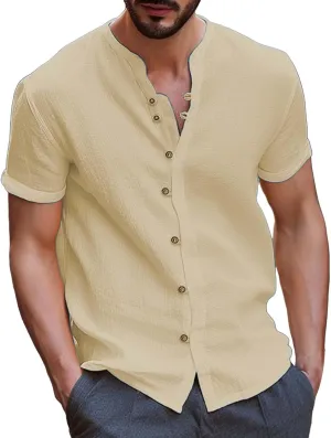 Mens Vintage Cotton Linen Shirt Combat Tactical Solid Trend Tops Short Sleeve Crewneck Muscle Fit Causal Button Down Shirts