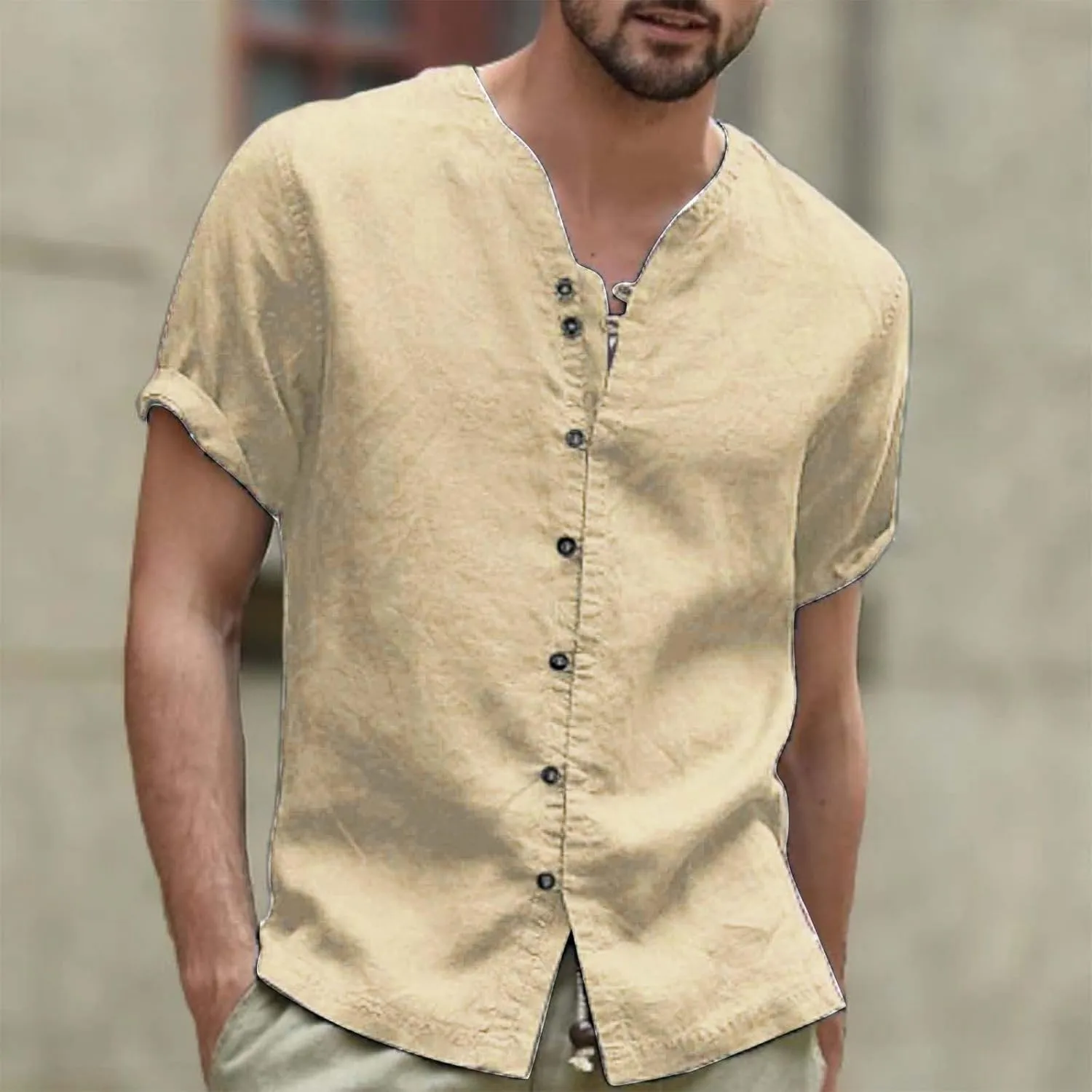 Mens Vintage Cotton Linen Shirt Combat Tactical Solid Trend Tops Short Sleeve Crewneck Muscle Fit Causal Button Down Shirts