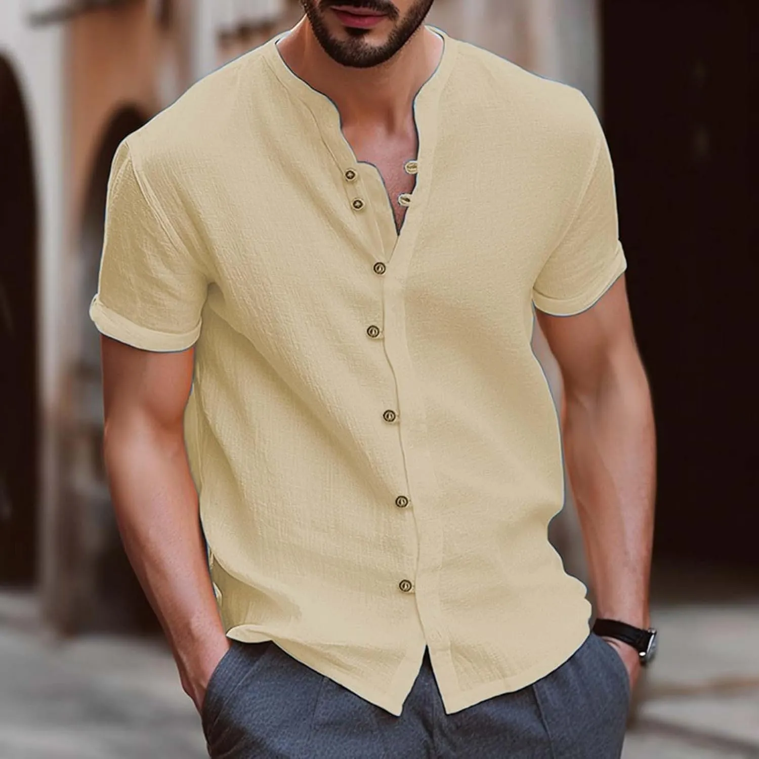 Mens Vintage Cotton Linen Shirt Combat Tactical Solid Trend Tops Short Sleeve Crewneck Muscle Fit Causal Button Down Shirts