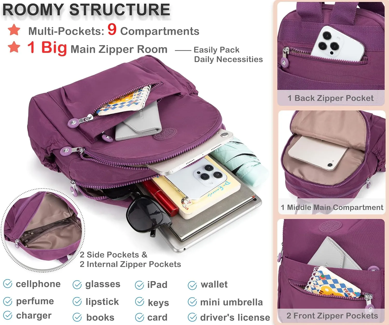 Mini Backpack Purse for Women,Small Nylon backpacks for Ladies Backpacks Women Anti Theft Travel Bag (Purple)