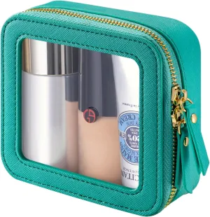 Mini Makeup Bag for Purse - Clear Travel Leather Toiletry Bag with Zipper - Car Organizer Bag - Small Waterproof Cosmetic Organizer Case for On-the-Go Essentials Lake Green