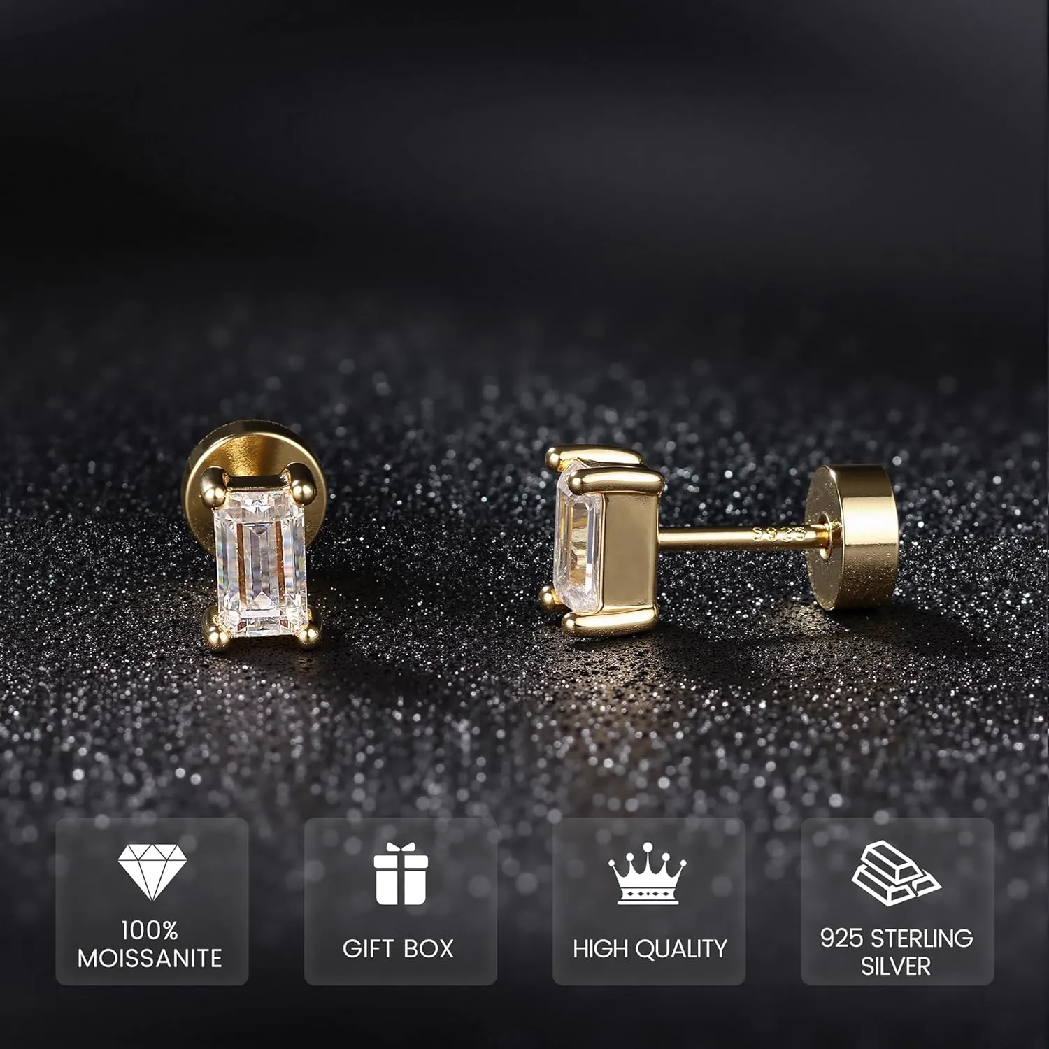Moissanite Earrings Studs Flat Back Earrings Hypoallergenic - 14K Gold Plated Sterling Silver Earring for Women Men Small Dainty Cartilage Helix Piercing Jewelry D Color VVS1