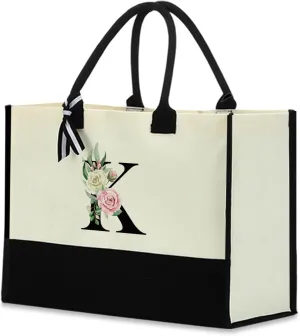 Monogrammed Tote Bags Floral Letter Initial Bag Personalized Beach Bag Monogrammed Gifts for Women Bridesmaids Wedding