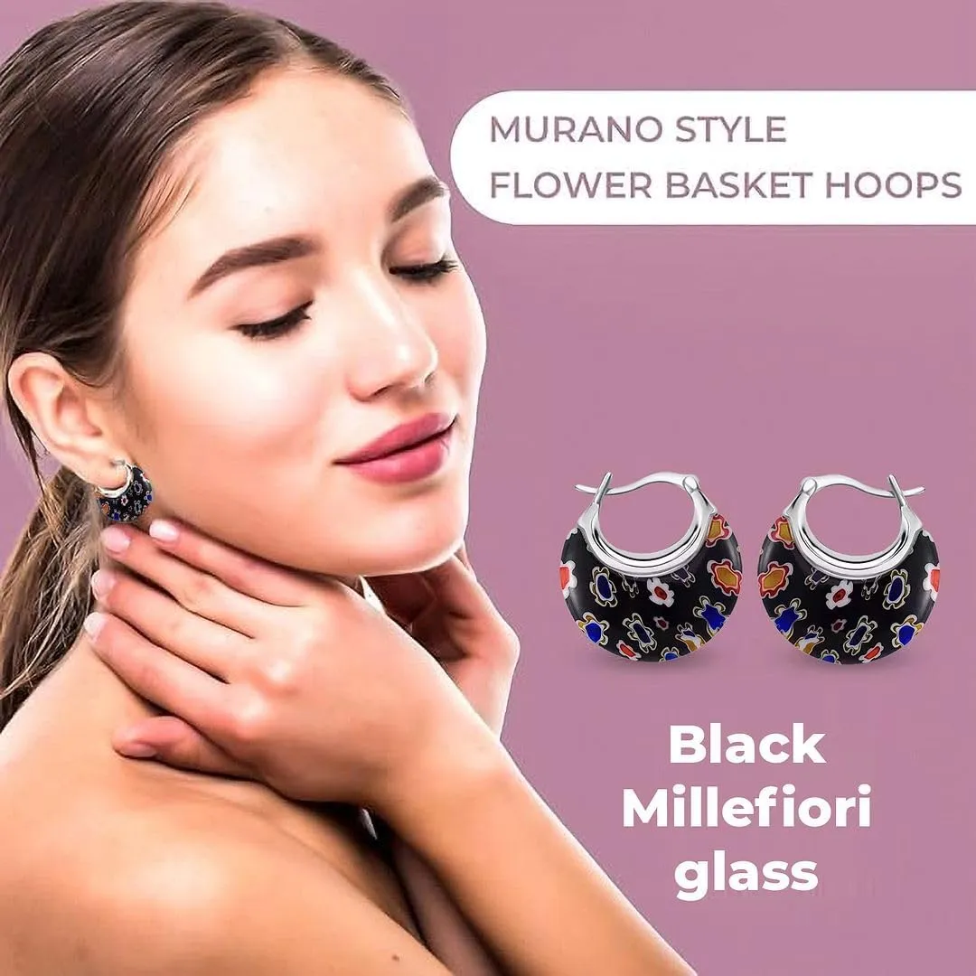 Murano Style Glass Hoop Earrings for Women Trendy Daisy Flower Stainless Steel Dangle Fun Vibrant Colors Teacher Glass Jewelry Unique Birthday Gifts for Women Birthday Anniversary 11.6 Gms