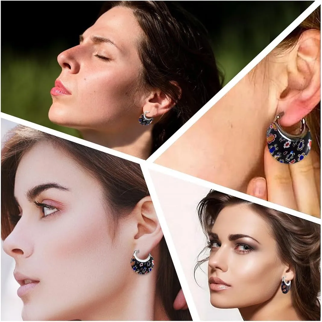 Murano Style Glass Hoop Earrings for Women Trendy Daisy Flower Stainless Steel Dangle Fun Vibrant Colors Teacher Glass Jewelry Unique Birthday Gifts for Women Birthday Anniversary 11.6 Gms