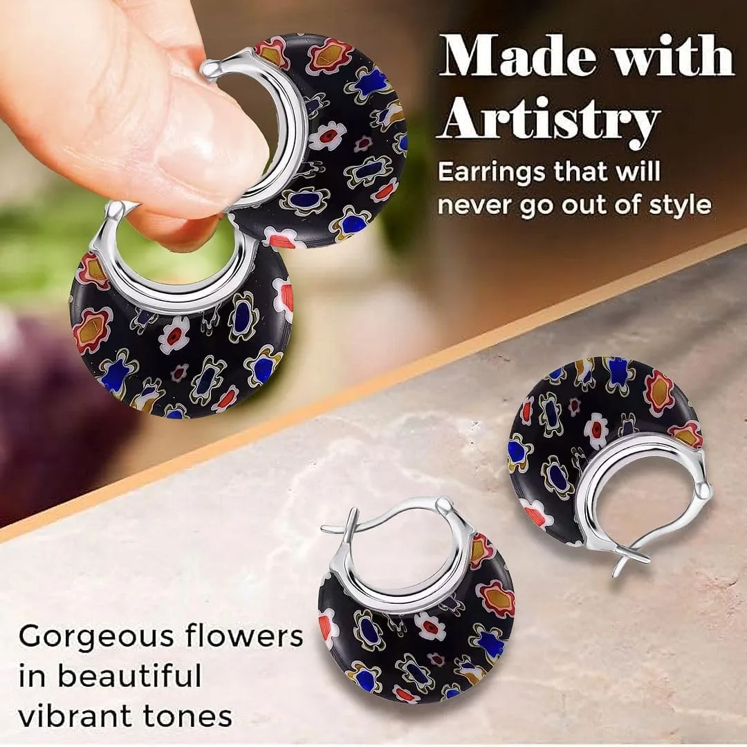 Murano Style Glass Hoop Earrings for Women Trendy Daisy Flower Stainless Steel Dangle Fun Vibrant Colors Teacher Glass Jewelry Unique Birthday Gifts for Women Birthday Anniversary 11.6 Gms