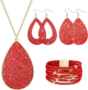 MystiCharm 4 Pieces Women's Glitter Jewelry Set Faux Leather Earrings Necklace Bracelet Christmas Accessories Decoration