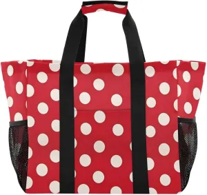 Nander Red and White Dots Foldable Tote Bag Waterproof Sandproof Women Beach Bag Handbag Gym Bag Travel Shopping Bag