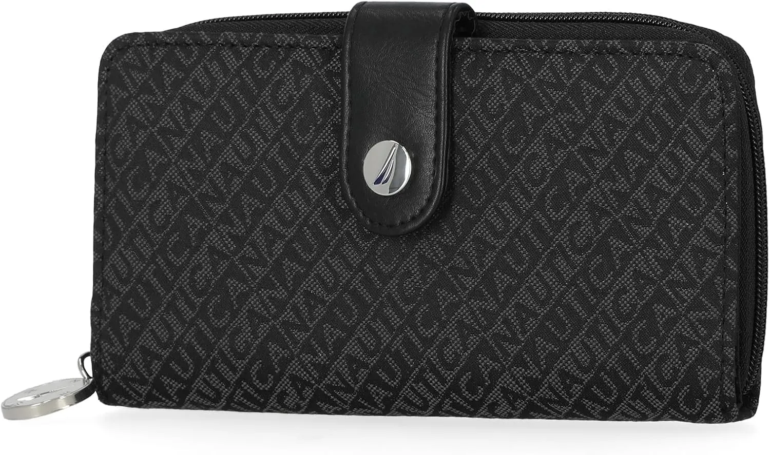 Nautica Be Shore Zip Around Wallet for Women RFID Vegan Leather Clutch, Bifold Organizer with Phone Holder, Card Slots, and Checkbook Pocket, Black Jacquard