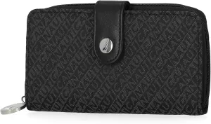 Nautica Be Shore Zip Around Wallet for Women RFID Vegan Leather Clutch, Bifold Organizer with Phone Holder, Card Slots, and Checkbook Pocket, Black Jacquard