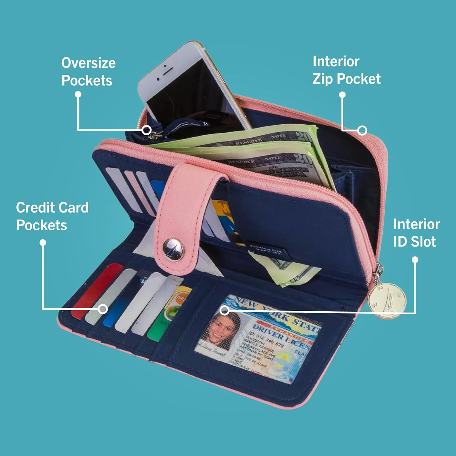 Nautica Be Shore Zip Around Wallet for Women RFID Vegan Leather Clutch, Bifold Organizer with Phone Holder, Card Slots, and Checkbook Pocket, Black Jacquard