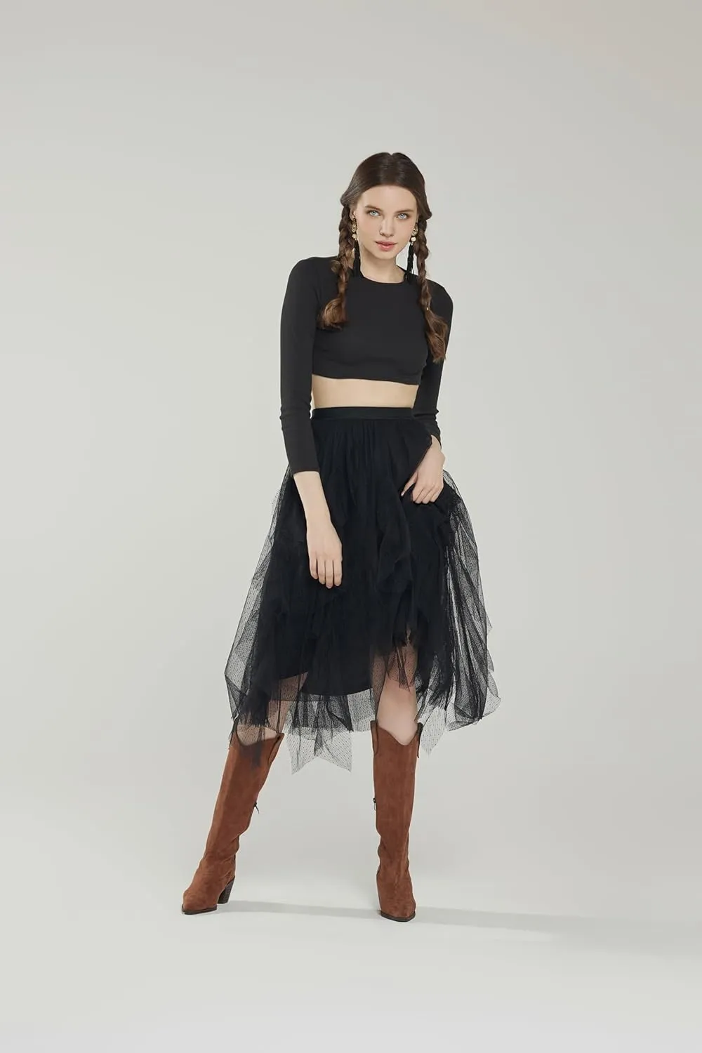 noflik Women's Tulle Mesh Ruffle Skirts A Line Tiered Layered Ruffle Tulle Mesh Tutu Long Maxi