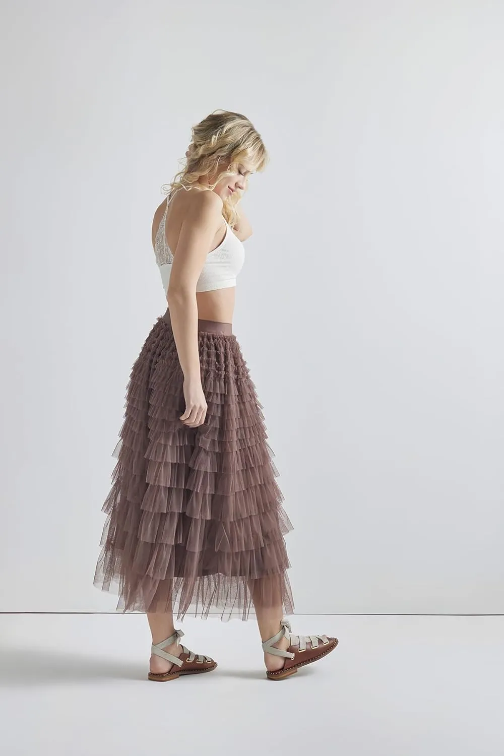 noflik Women's Tulle Mesh Ruffle Skirts A Line Tiered Layered Ruffle Tulle Mesh Tutu Long Maxi