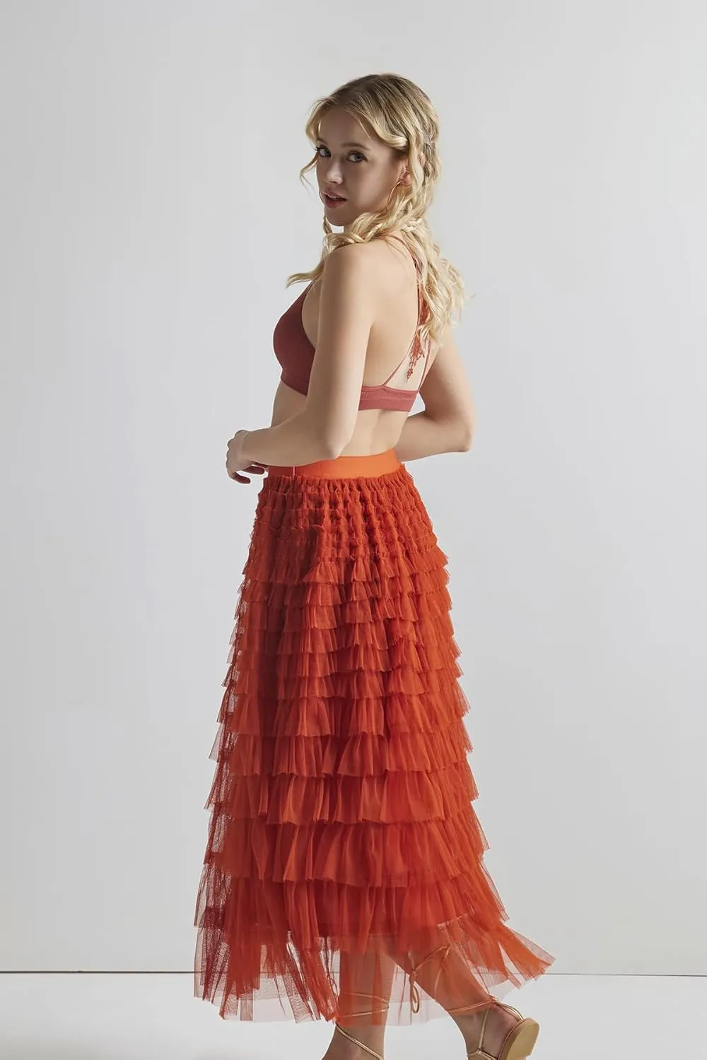 noflik Women's Tulle Mesh Ruffle Skirts A Line Tiered Layered Ruffle Tulle Mesh Tutu Long Maxi