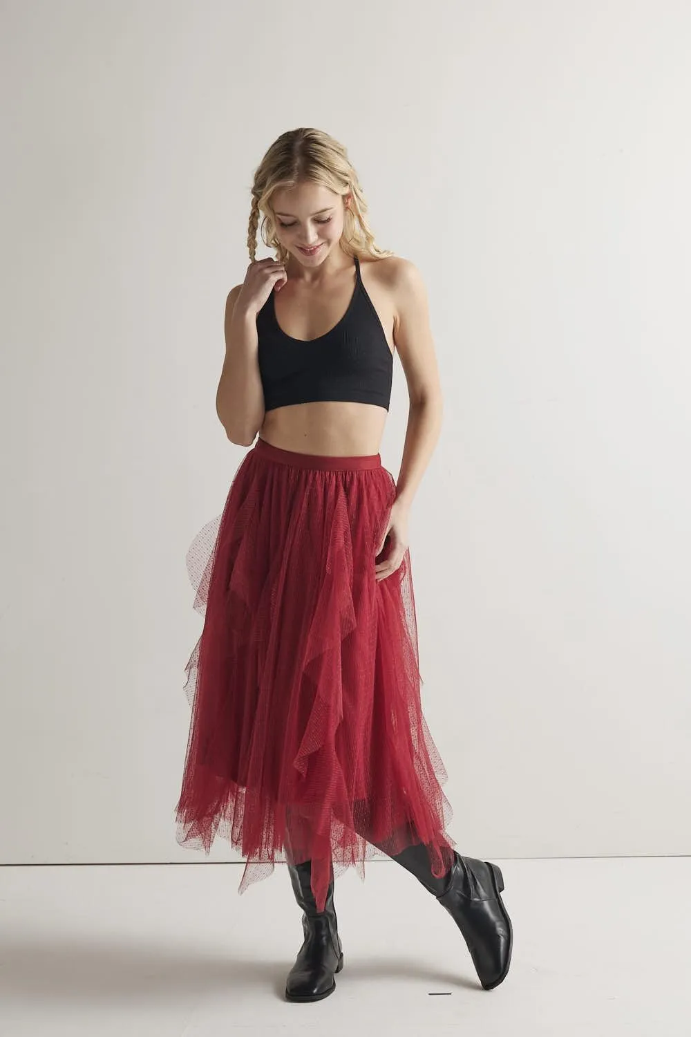 noflik Women's Tulle Mesh Ruffle Skirts A Line Tiered Layered Ruffle Tulle Mesh Tutu Long Maxi