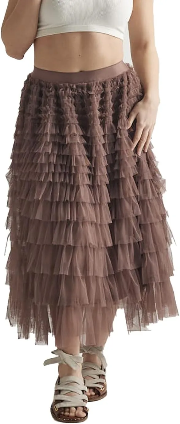 noflik Women's Tulle Mesh Ruffle Skirts A Line Tiered Layered Ruffle Tulle Mesh Tutu Long Maxi