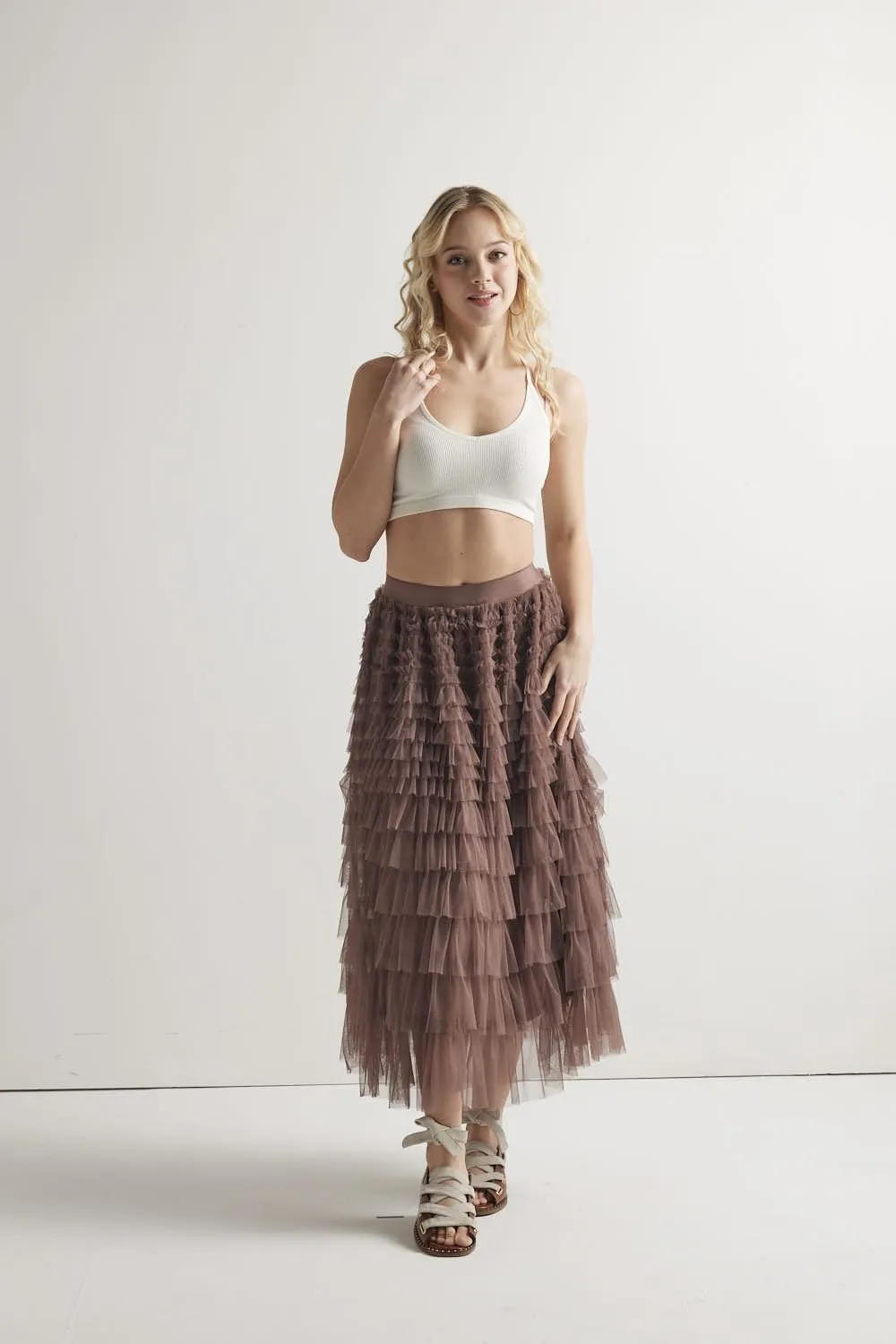 noflik Women's Tulle Mesh Ruffle Skirts A Line Tiered Layered Ruffle Tulle Mesh Tutu Long Maxi