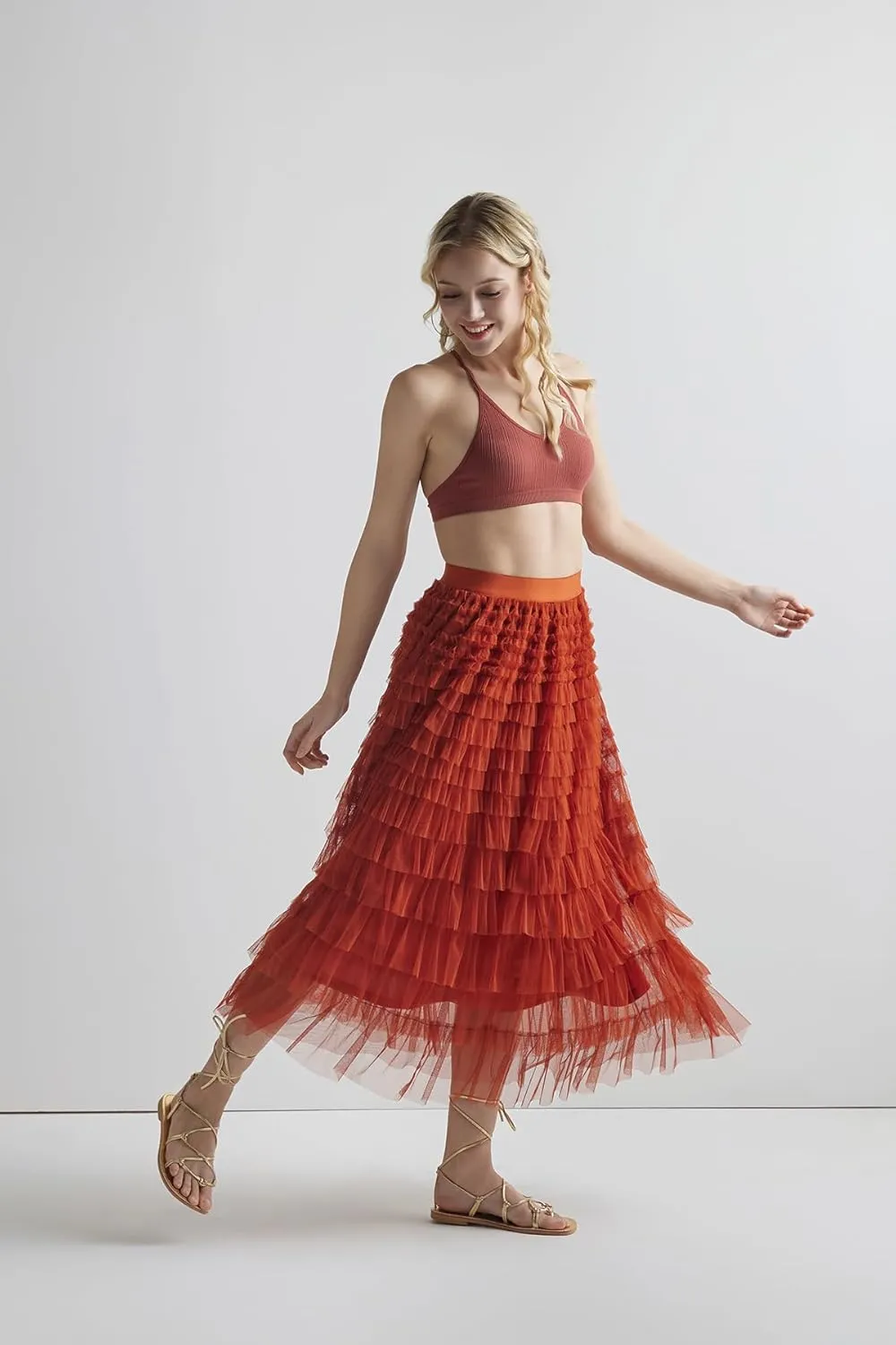 noflik Women's Tulle Mesh Ruffle Skirts A Line Tiered Layered Ruffle Tulle Mesh Tutu Long Maxi