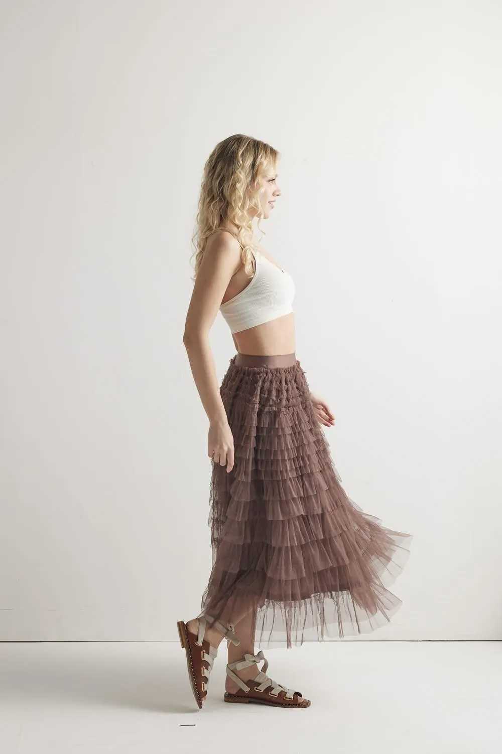 noflik Women's Tulle Mesh Ruffle Skirts A Line Tiered Layered Ruffle Tulle Mesh Tutu Long Maxi