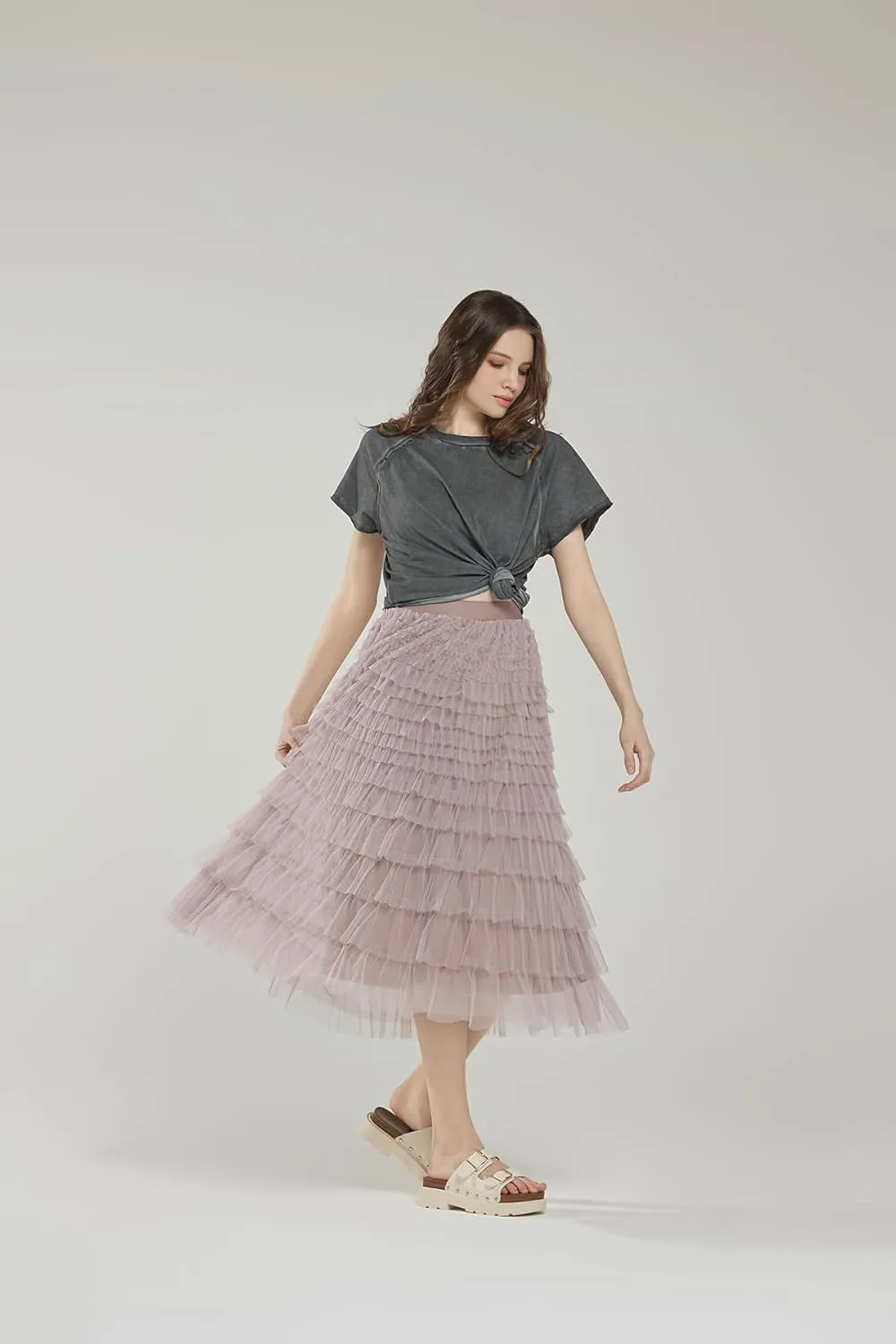 noflik Women's Tulle Mesh Ruffle Skirts A Line Tiered Layered Ruffle Tulle Mesh Tutu Long Maxi