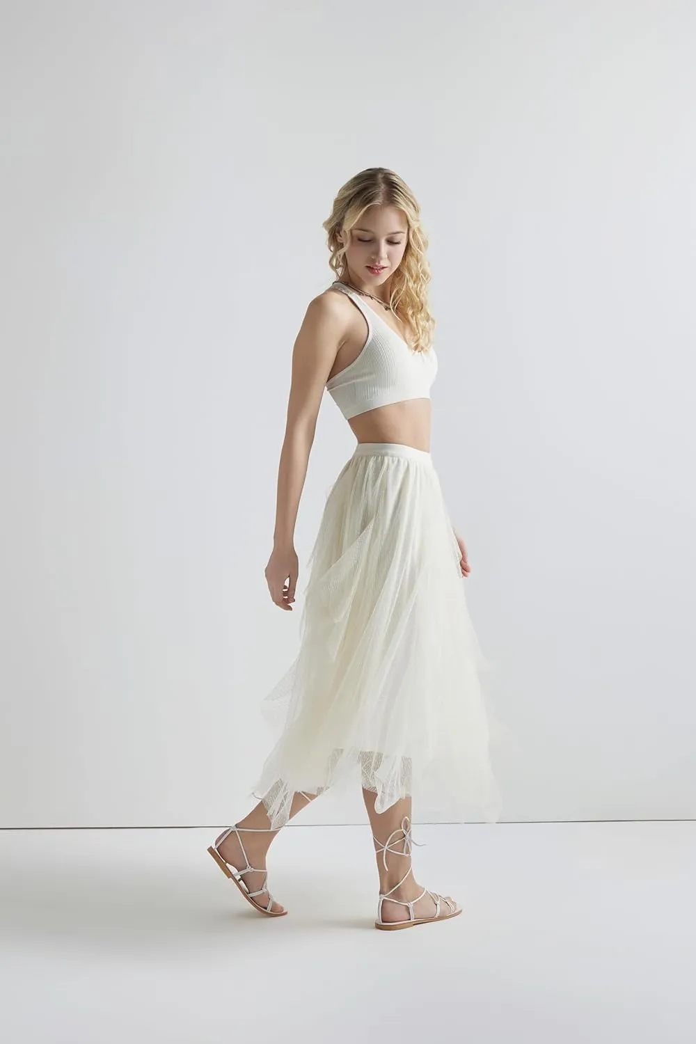 noflik Women's Tulle Mesh Ruffle Skirts A Line Tiered Layered Ruffle Tulle Mesh Tutu Long Maxi