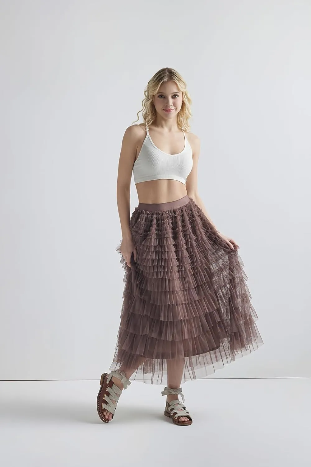 noflik Women's Tulle Mesh Ruffle Skirts A Line Tiered Layered Ruffle Tulle Mesh Tutu Long Maxi