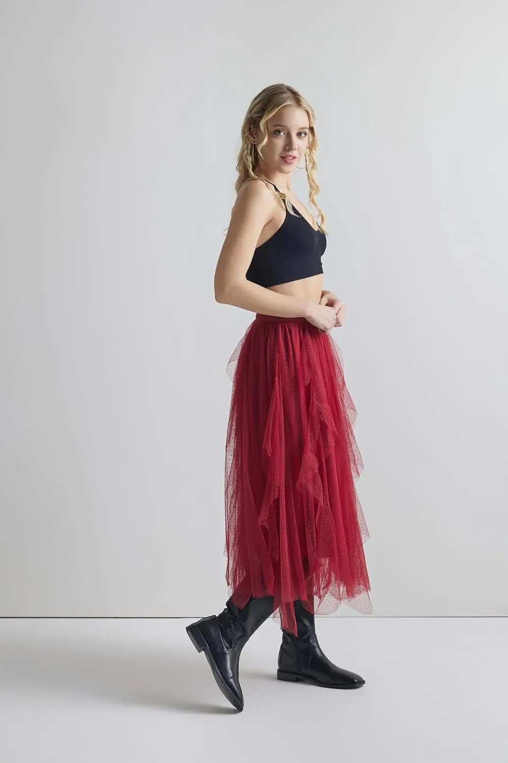 noflik Women's Tulle Mesh Ruffle Skirts A Line Tiered Layered Ruffle Tulle Mesh Tutu Long Maxi