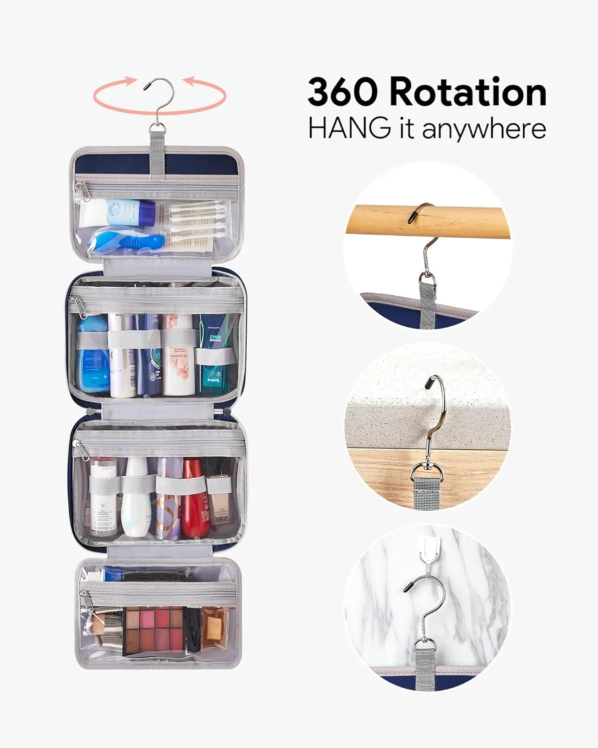 OlarHike Travel Toiletry Hanging Bag Waterproof Bags, Makeup, Toiletries, Jewelry, Cruise Essentials 3 in 1 Packing Organizers, Cosmetic Travel-Sized Container, Medium Capacity for Women Blue