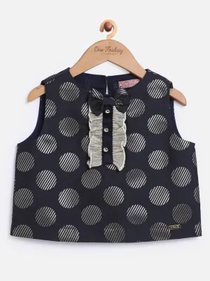 One Friday Kids Girls Navy Blue and Gold Polka Dot Top