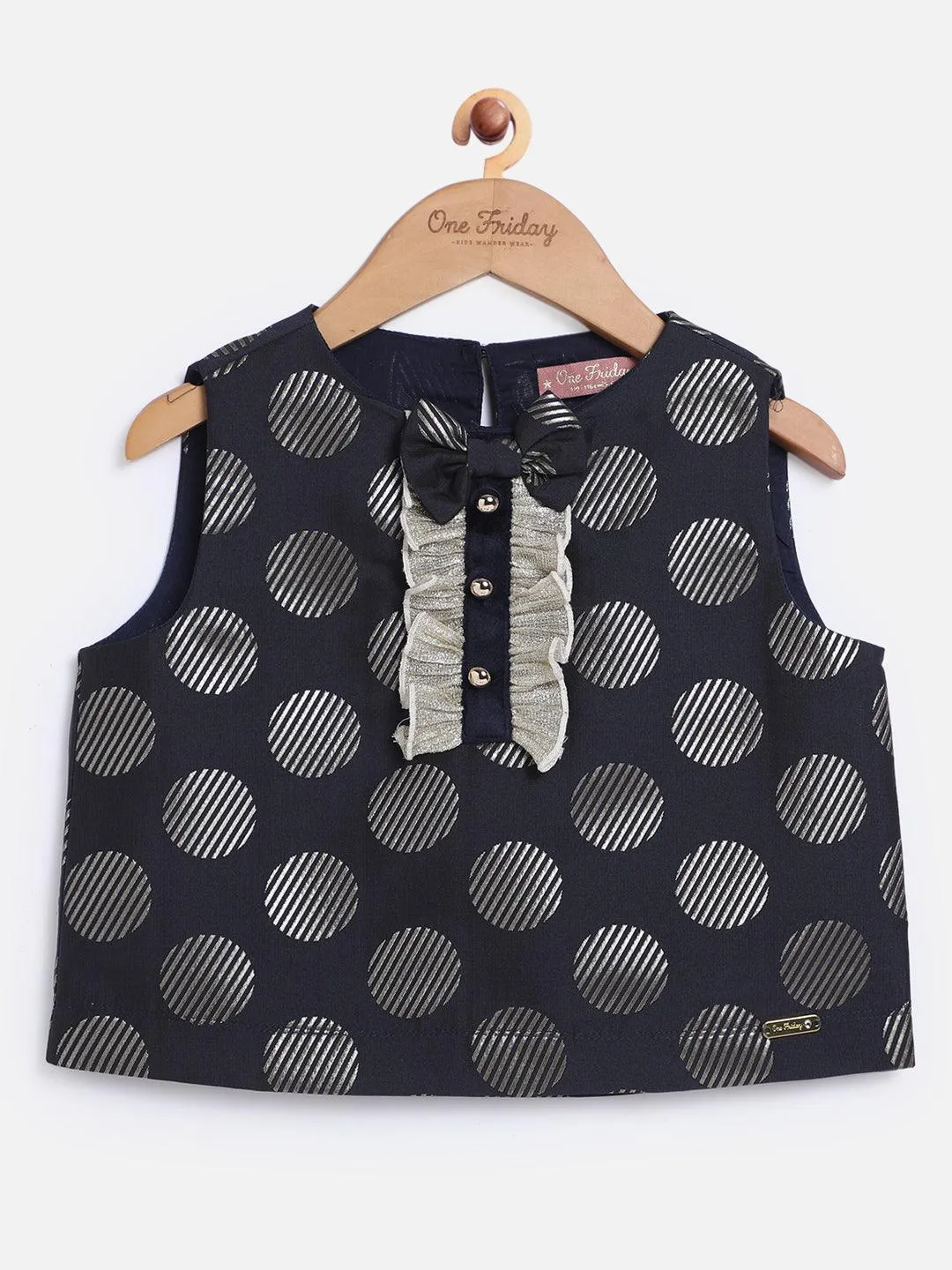 One Friday Kids Girls Navy Blue and Gold Polka Dot Top